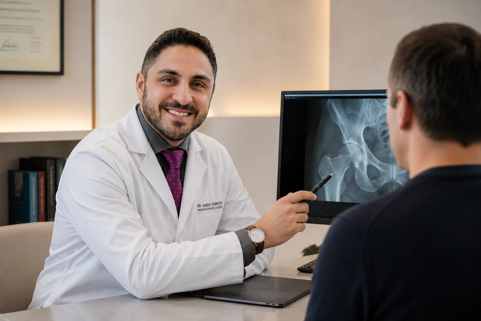 Dr. Gabriel Chacón atendiendo a un paciente en consulta y revisando una radiografía de cadera