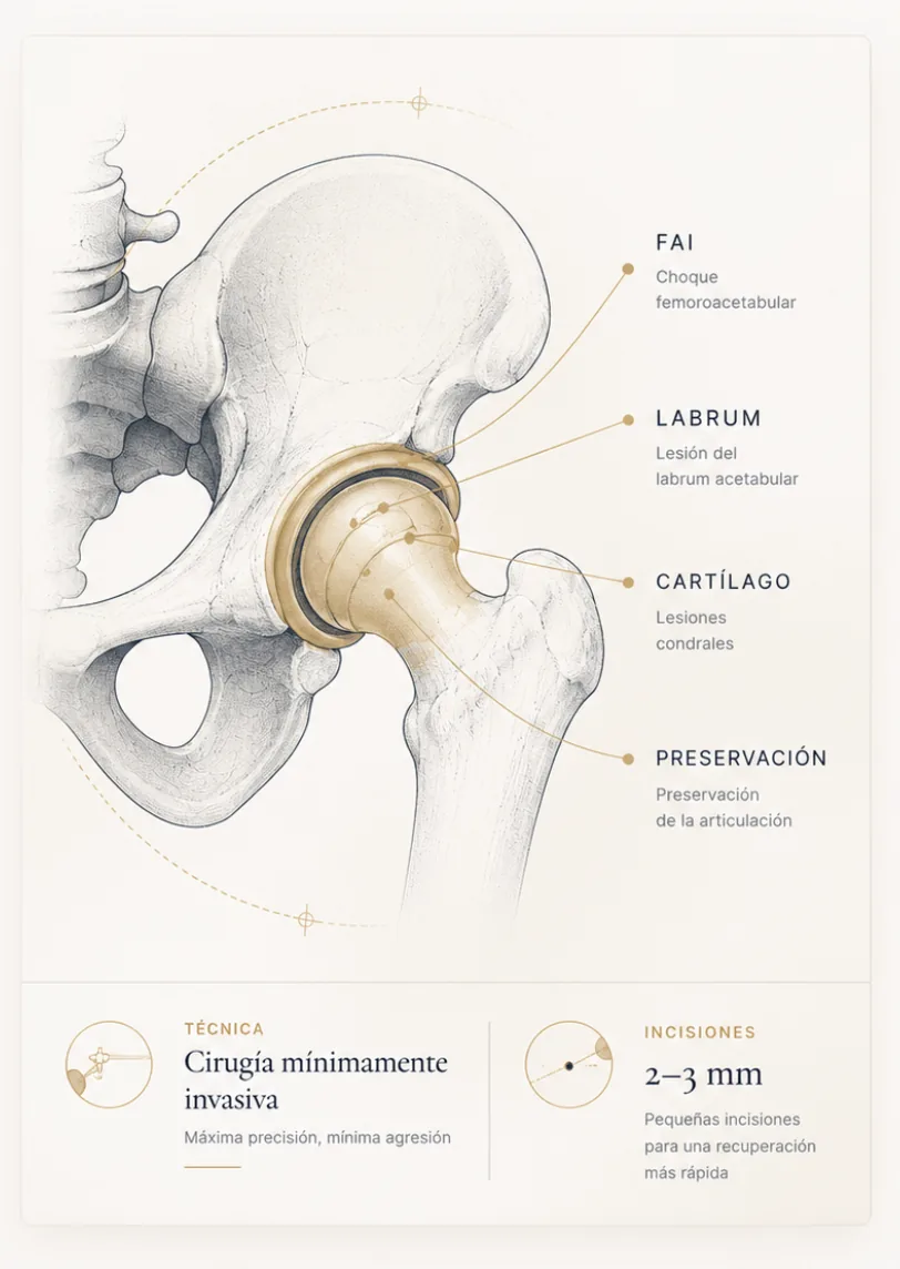 Ilustración anatómica de cadera con FAI, labrum, cartílago y preservación articular
